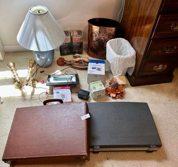 Misc Lot with Suitcases,Lamp, Blood Pressure Monitors and More (Located in Bedroom to the Right)
