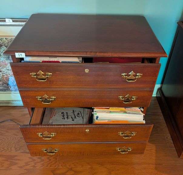 Wood 2 drawer filing cabinet, 32.5"x21"x31.5"tall, no key, contents not included(located in living r
