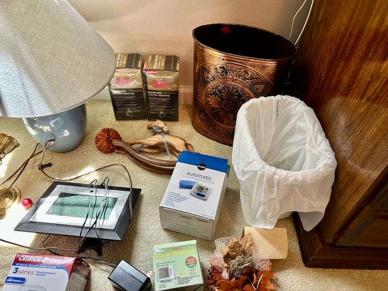 Misc Lot with Suitcases,Lamp, Blood Pressure Monitors and More (Located in Bedroom to the Right)