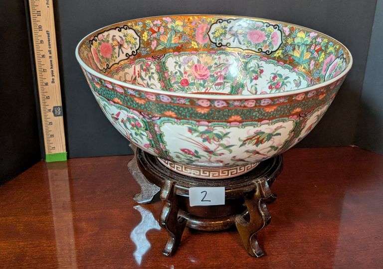 Large footed vintage Oriental bowl, 14" diameter with rosewood stand(located in dining room)
