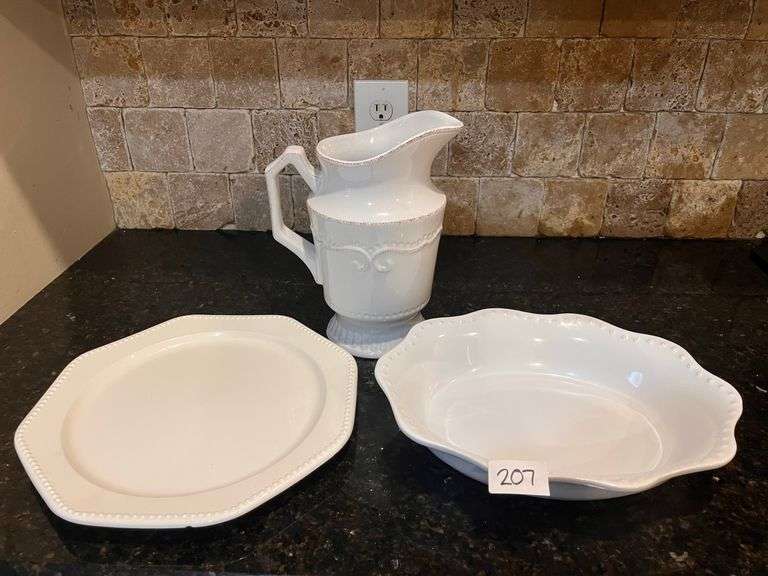 White plate, serving dish, and pitcher