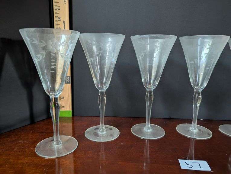 6 pc. Flower etched frosted wine glasses (located in dining room)
