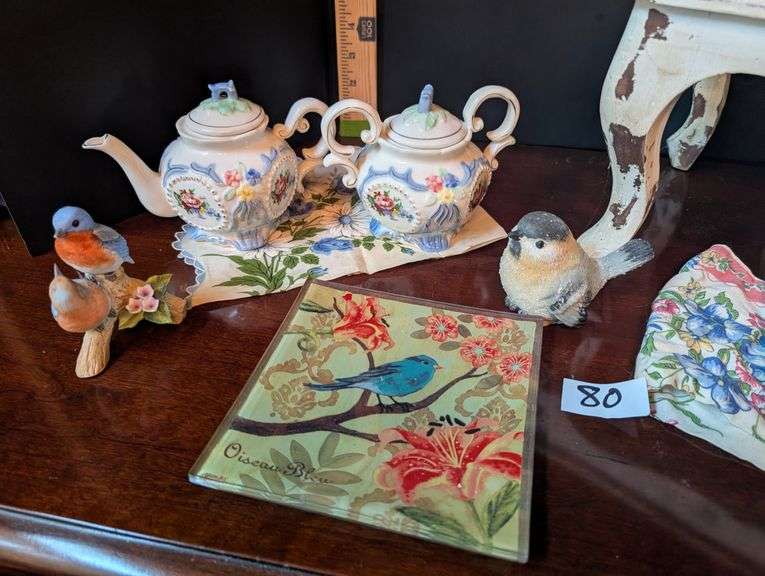 8+ pc.Vintage distressed white foot stool, teapots, and more (located in ds back bedroom)
