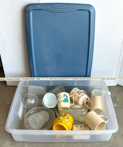 Bin of Glasses, Plates, Cups and More (Located Garage)