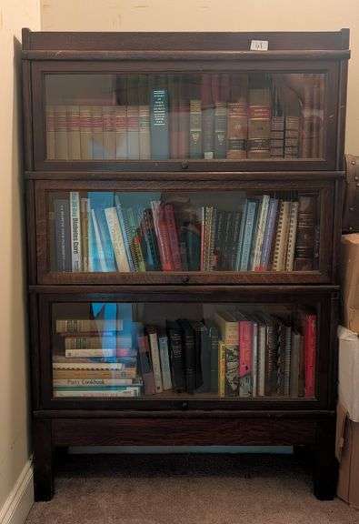 Vintage 3 Shelf  lawyer book case 34"x11.5"x52" tall, some damage on top, contents not included(stai