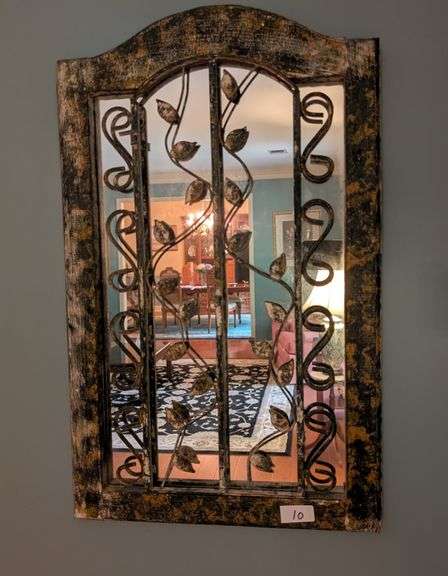 Wood frame and metal scrollwork decorative mirror, 27.5"x 28.5" tall(living room)