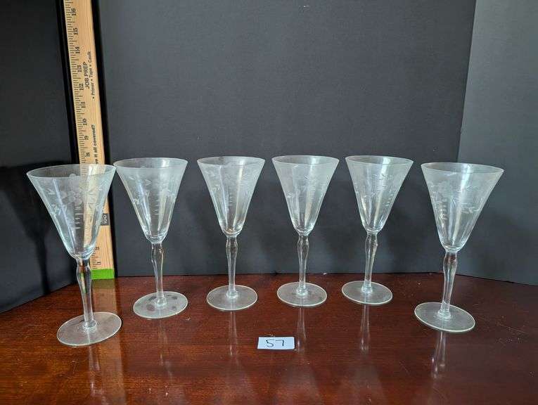6 pc. Flower etched frosted wine glasses (located in dining room)