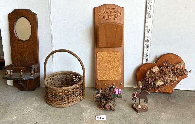 6 pc Wall Hanging Display with Mirror, Basket, Wall Cork Board with Hangers and More (Located Garage