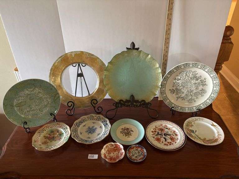 11 pc Misc Decorative Plates, Stands not Included, Crack on Small Plate (Located in ds back room)