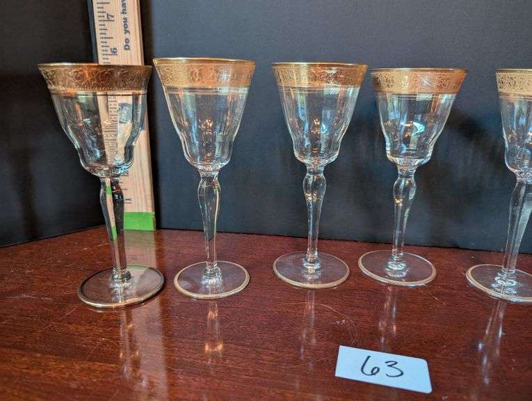 6 pc. Vintage gold rimmed wine glasses(located in dining room)