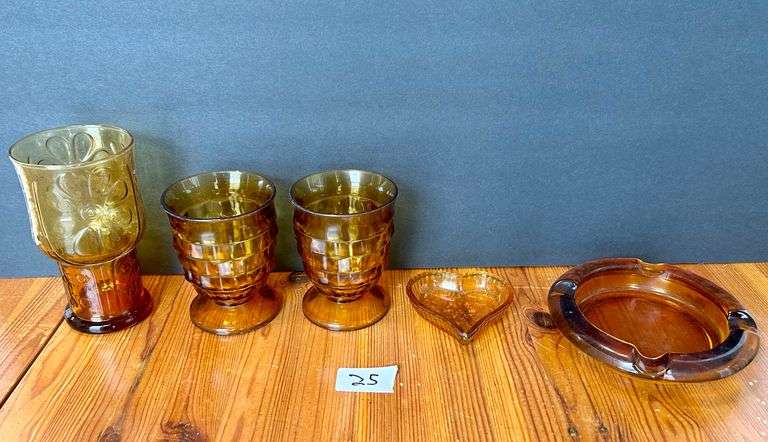 5pc Amber Glass Glasses, Ash Tray and More (Located in Kitchen)