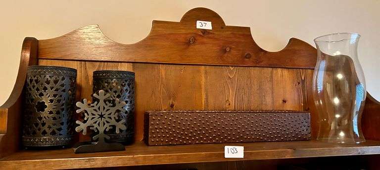 Shelf Lot of Candle Holders and Hurricane Glass (Located in Bedroom to the Right)