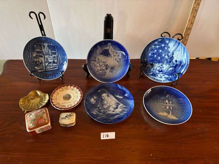 5 pc Blue Dated Christmas Dishes, and 4 pc Trinket Dishes, Stands Not Included (Located in ds Back B