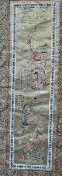 2 pc. Chinese embroidered panels, each one 15"x 30.5" tall (located in dining room)