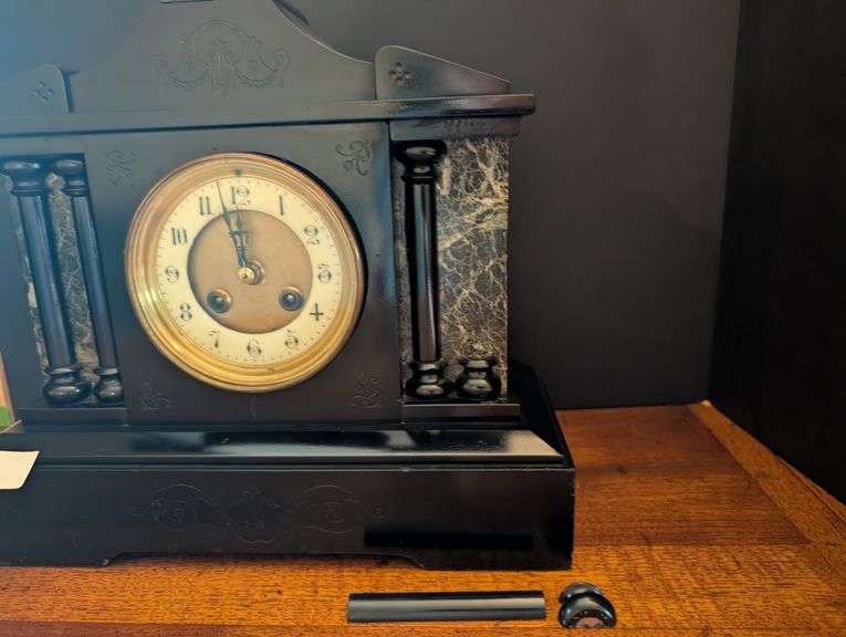 Victorian mantle clock, no key, 2 trim pieces need to be reattached, heavy(located in living room)