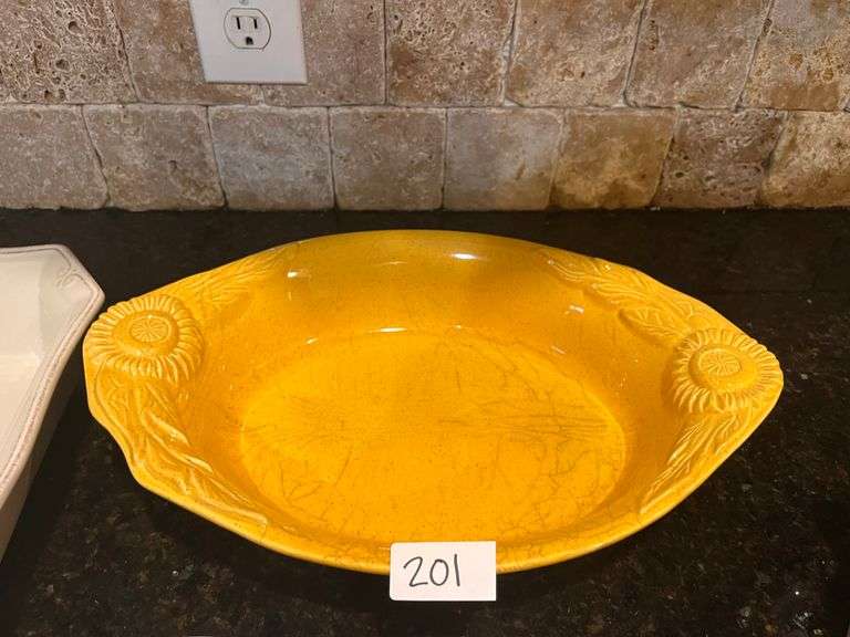 Worldwide & Appolia Casserole Dishes, 2 pc yellow World Market ramekins, and Rae Dunn Cute Chick mug