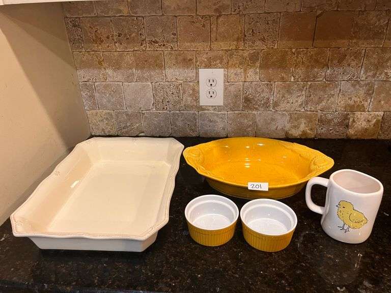 Worldwide & Appolia Casserole Dishes, 2 pc yellow World Market ramekins, and Rae Dunn Cute Chick mug