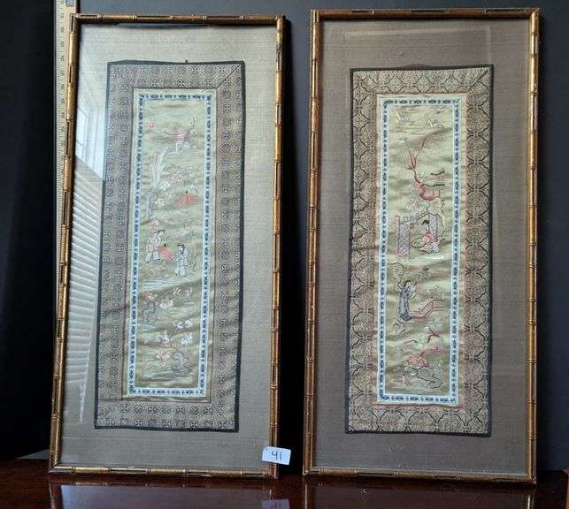 2 pc. Chinese embroidered panels, each one 15"x 30.5" tall (located in dining room)