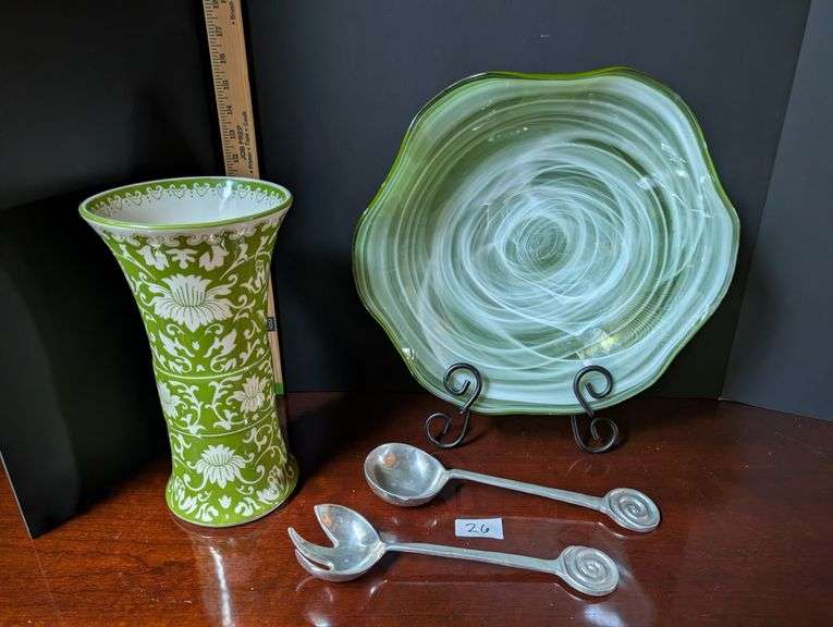 4 pc. Decorative vase, bowl, and serving utensils, stand not included (located in dining room)