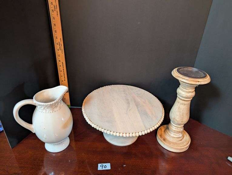 3 pc. Beaded round wooden tray stand, vintage pitcher, and wood pillar candle holder(Located in ds b