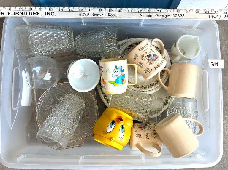 Bin of Glasses, Plates, Cups and More (Located Garage)