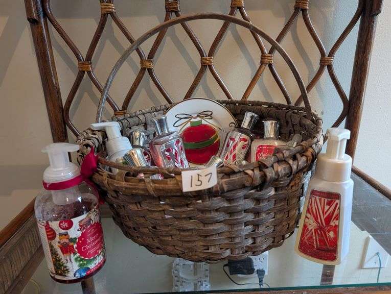 Basket of Pier 1 holiday plate and twisted peppermint lotion, shower gel, fragrance and more(ds back