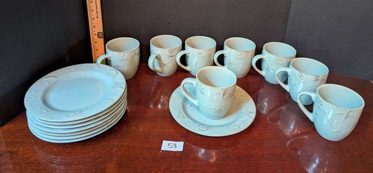 16 pc. Thomson pottery coffee cups and plates(located in dining room)