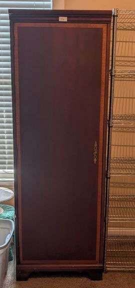 6 shelf wood cabinet, 24"x18"x70"(located downstairs back bedroom)