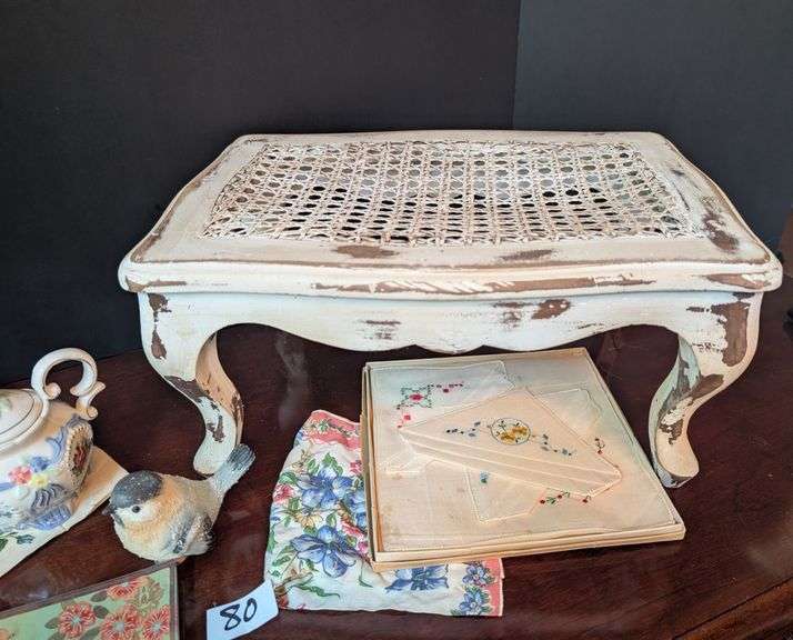 8+ pc.Vintage distressed white foot stool, teapots, and more (located in ds back bedroom)