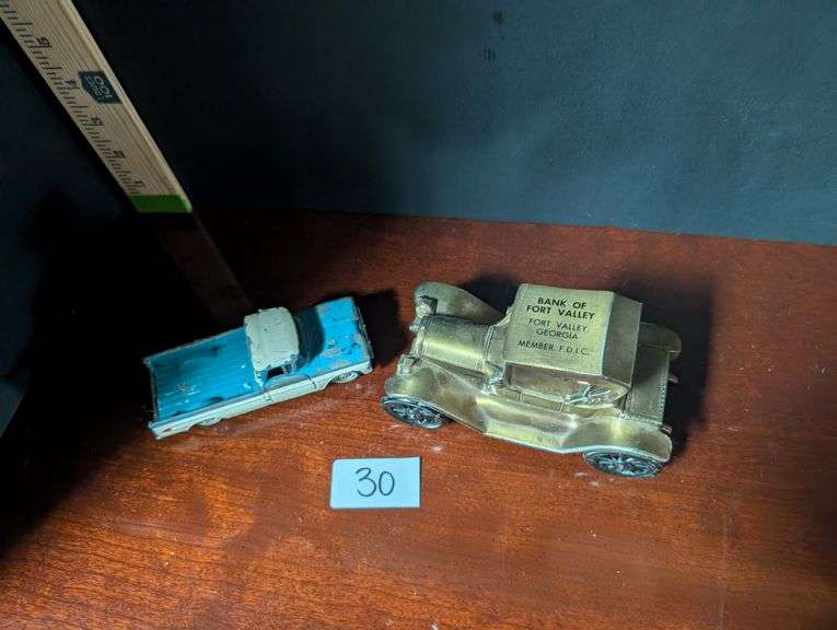 2 pc. Miniature cars, Chevrolet pickup truck and Chevy Roadster bank(located in dining room)