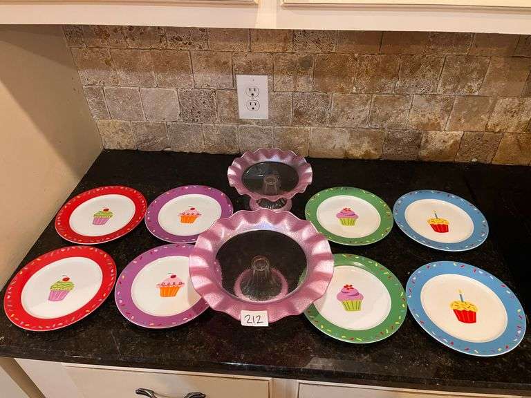 Birthday party cake stands (10” and 8”) and 8 pc serving dishes (located in kitchen)