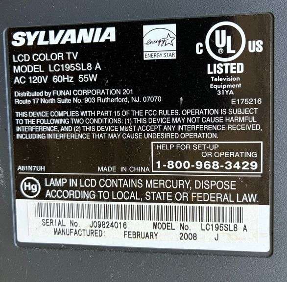 Sylvania LCD TV, 19” (Located Garage)
