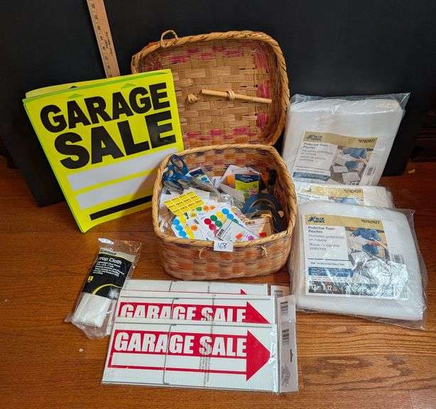 Garage sale basket with supplies(located in front bedroom)