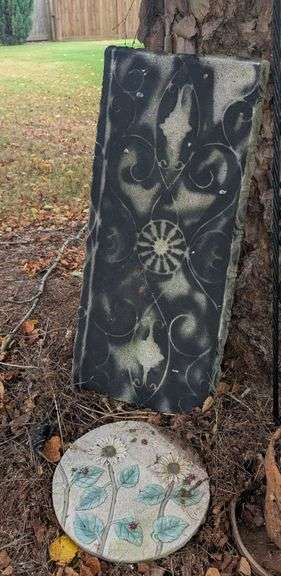 7 pc. Yard decor-cement slab top, black metal panel, and more(located front of house)