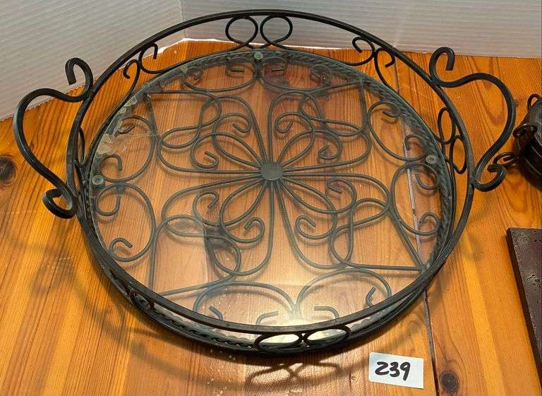 3 pc Metal Tray with Glass Inlay, Coasters, and Framed Mirror (Located Master Bedroom)