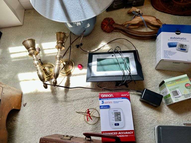Misc Lot with Suitcases,Lamp, Blood Pressure Monitors and More (Located in Bedroom to the Right)