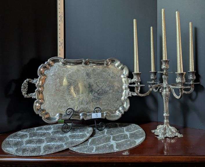 4 pc. Footed tray, candleabra with candles, and beaded place mats, stand not included (located in di