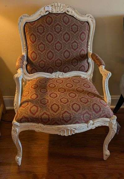 French Country distressed armchair, 26"x28"x39" tall(located in living room)