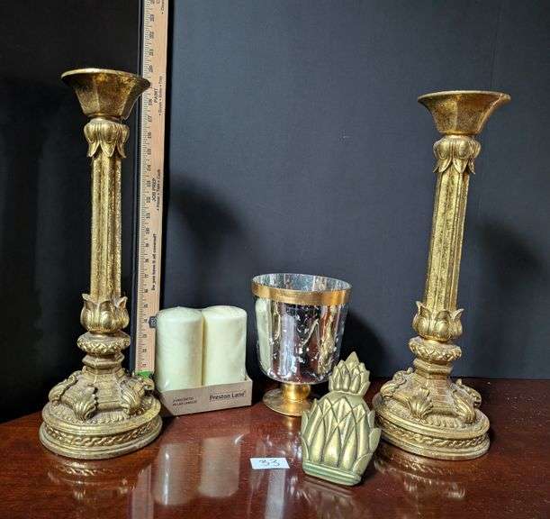 5 pc. Decor, including pair of empire style candlestick holders, pineapple door knocker(located in b