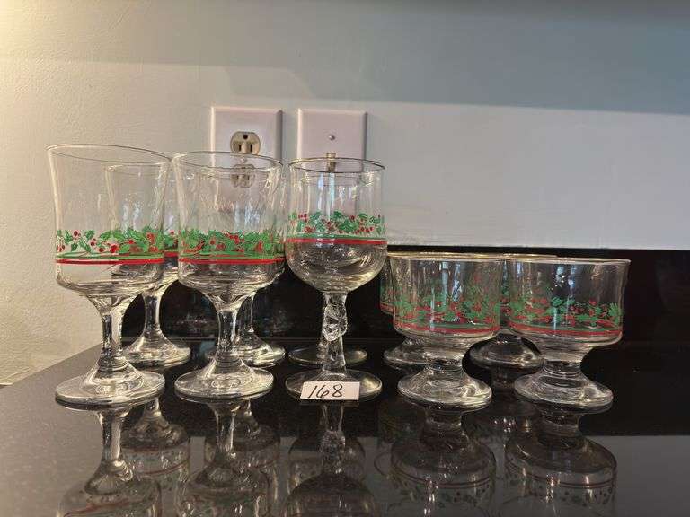 Vintage Holly and Berries goblets and sherbet dishes (located in kitchen)