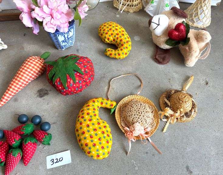 Crochet Angels, Glass Basket, Gabric Fruits and Vegetables and More (Located Garage)