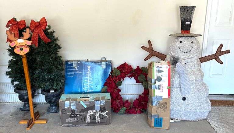 Large Lighted Snowman, Faux Potted Trees, Lighted Deer and More (Located Garage)