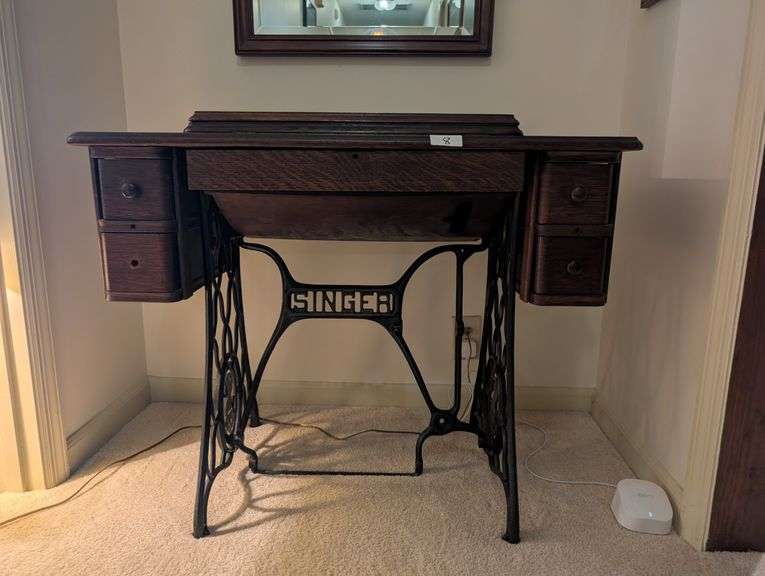 Singer sewing table,37"x19"x 30" tall, hardware missing, no machine(contents not included(located in