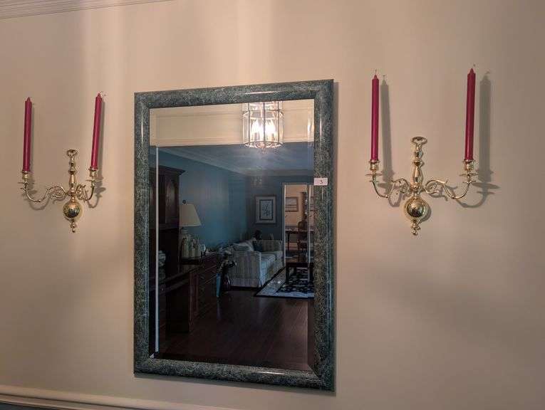 3 pc. Vintage 80's Post Modern Green Faux Marble large framed Mirror 28"x39"tall with candle wall sc