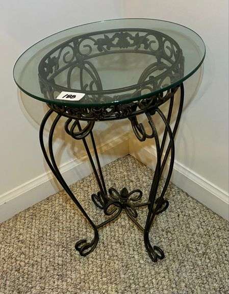 Metal Side Table with Glass Top, 19 3/4” Tall, Glass Top 15” Diameter (Located Formal Dinning Room)