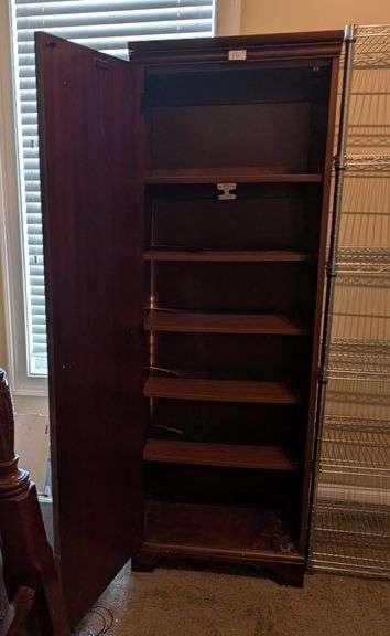 6 shelf wood cabinet, 24"x18"x70"(located downstairs back bedroom)