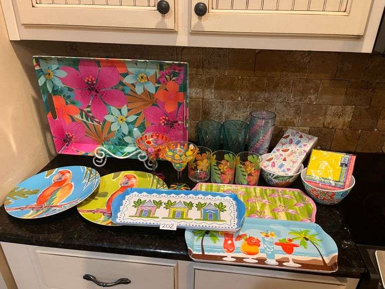 Tropical Summer drinkware, serving dishes, and napkins (located in kitchen)