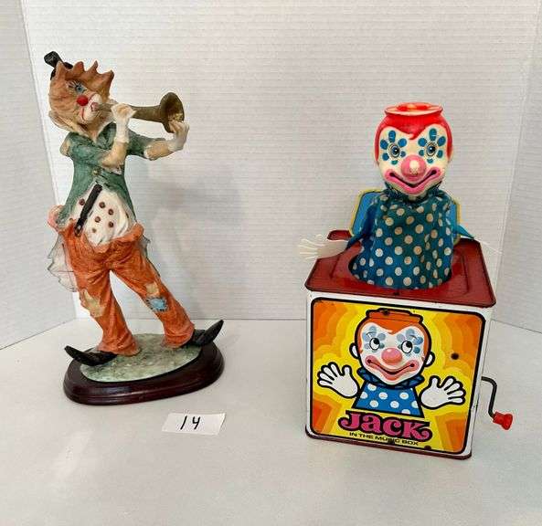 2pc Clown Figurine and Mattel Jack in the Music Box (Located in Upstairs Loft)