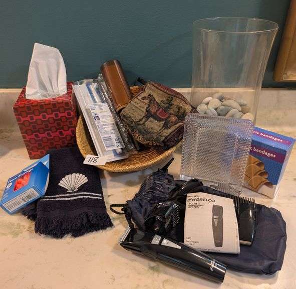 Equestrian tapestry make up bag, Philips Norelco all in 1 grooming system, misc. bath supplies(maste