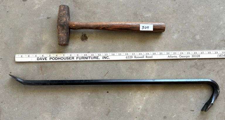 2 pc Blacksmith Sledge (Loose Head) and Large Pry Bar (Located Garage)